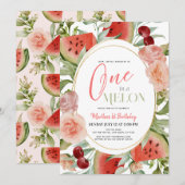 Invitation One in a Melon Watermelon Floral Girl 1er annivers (Devant / Derrière)