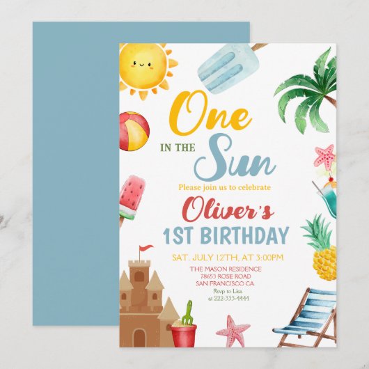 Invitation One In The Sun Tropical Beach 1st Birthday Party (Devant / Derrière)
