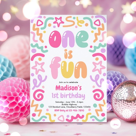 Invitation One Is Fun Colorful Confetti Balloon 1st Birthday