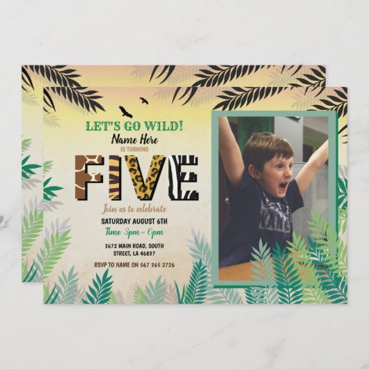 Invitation One Jungle 5e Anniversaire Party 5 Safari ZOO Phot (Devant / Derrière)