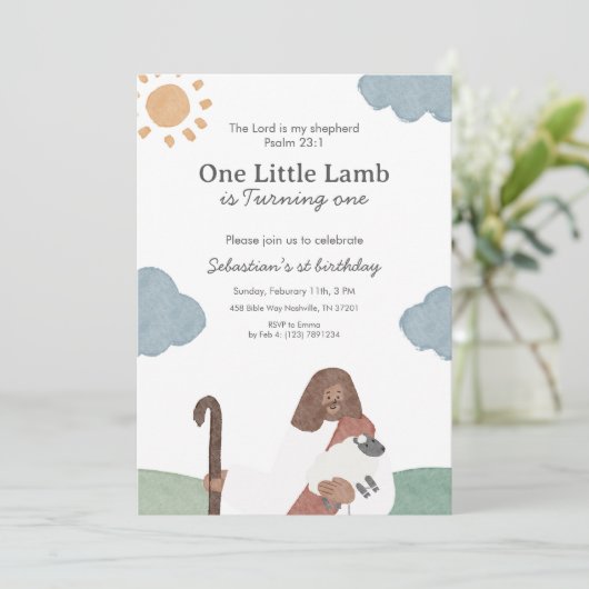 Invitation One Little Lamb Psalm 23 Birthday (Debout devant)