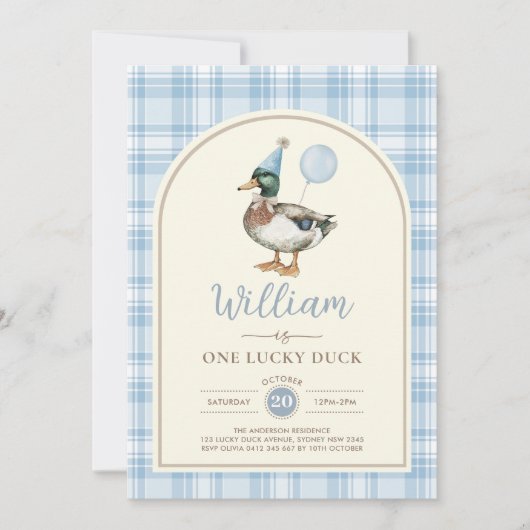 Invitation One Lucky Duck Blue Balloon Boy 1st Birthday (Devant)