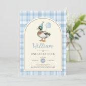 Invitation One Lucky Duck Blue Balloon Boy 1st Birthday (Debout devant)