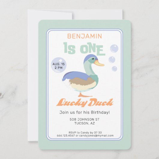 Invitation One Lucky Duck &  Bubbles Premier Anniversaire Pas (Devant)