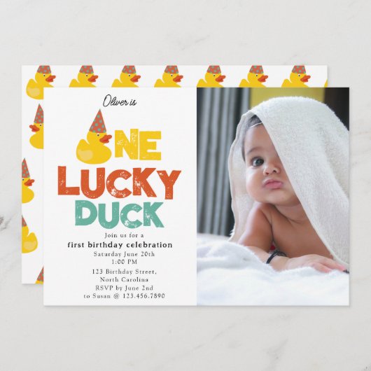Invitation One Lucky Duck Invite 1st  First Birthday Photo (Devant / Derrière)
