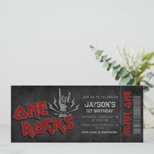 Invitation One Rocks - Billet garçon 1er anniversaire (Debout devant)