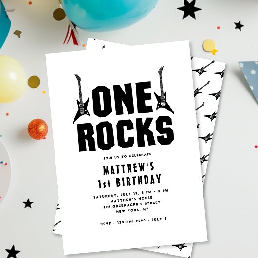 Invitation One Rocks Black and White Guitare 1er anniversaire