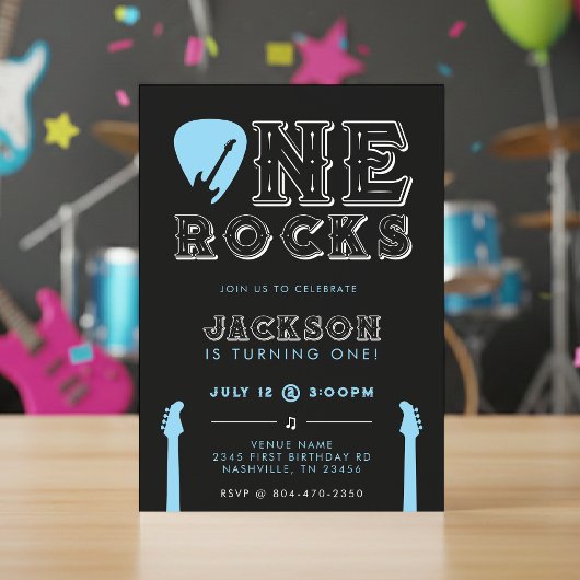 Invitation One Rocks Guitar Pick Blue 1st Birthday Party