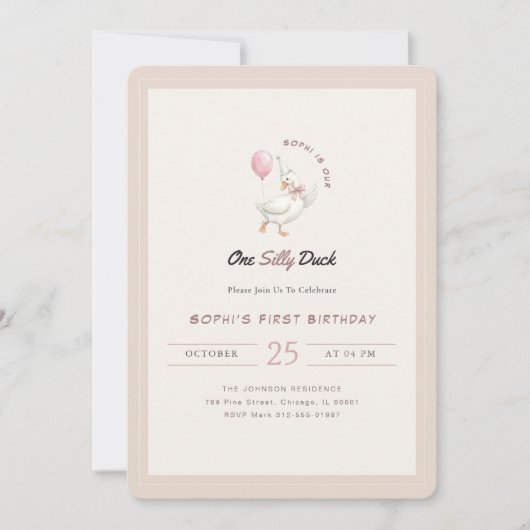 Invitation One Silly Duck Pink Bow Tie First Birthday (Devant)