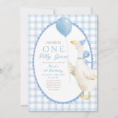 Invitation One Silly Goose 1st Birthday: Blue Gingham  (Devant)