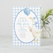 Invitation One Silly Goose 1st Birthday: Blue Gingham  (Debout devant)
