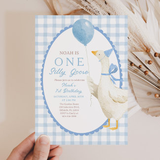 Invitation One Silly Goose 1st Birthday: Blue Gingham 