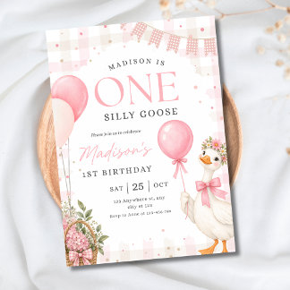 Invitation One Silly Goose 1st Birthday Pink Bow Girl Party