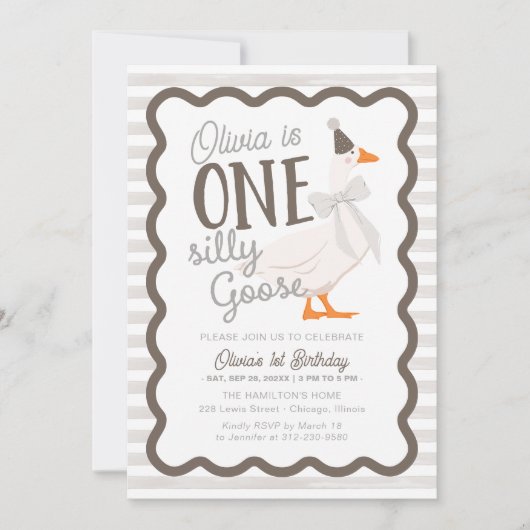 Invitation One Silly Goose Beige Bow 1st Birthday (Devant)