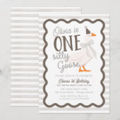 Invitation One Silly Goose Beige Bow 1st Birthday (Devant / Derrière)