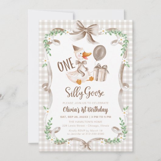 Invitation One Silly Goose Beige Brown Bow 1st Birthday (Devant)