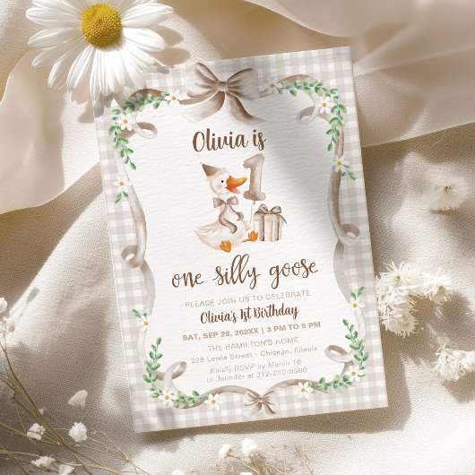 Invitation One Silly Goose Beige Brown Bow 1st Birthday