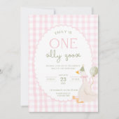 Invitation One Silly Goose Birthday Invite Pink Gingham First (Devant)