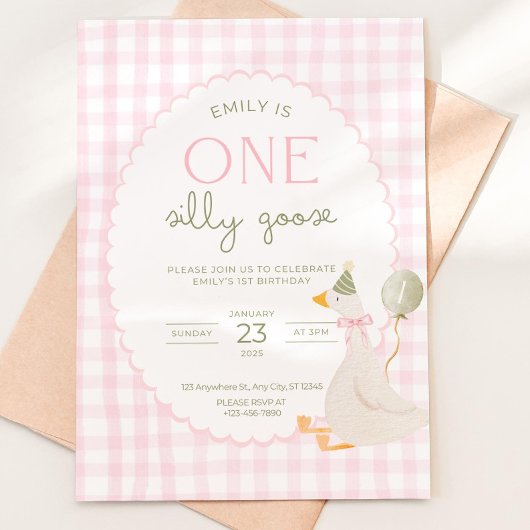 Invitation One Silly Goose Birthday Invite Pink Gingham First