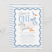 Invitation One Silly Goose Blue Bow 1st Birthday (Devant / Derrière)