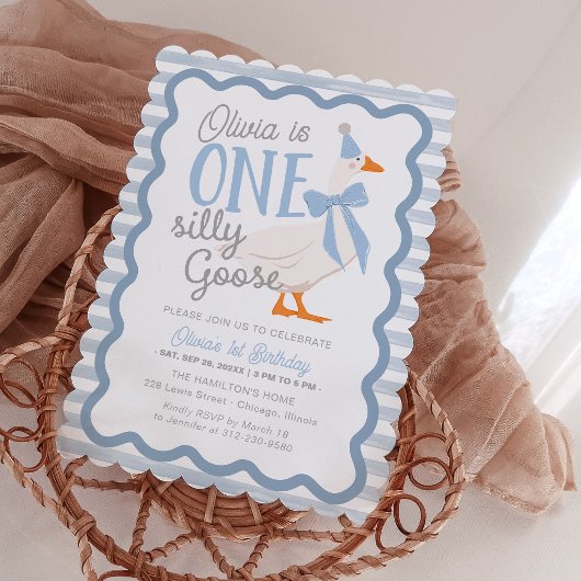 Invitation One Silly Goose Blue Bow 1st Birthday