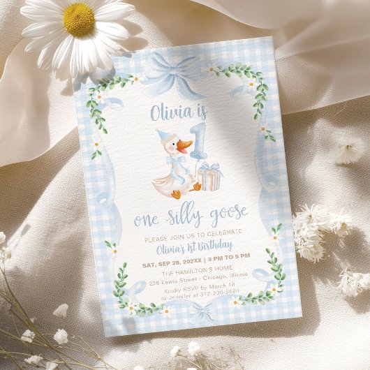 Invitation One Silly Goose Blue Bow Floral 1st Birthday