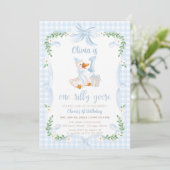 Invitation One Silly Goose Blue Bow Floral 1st Birthday (Debout devant)