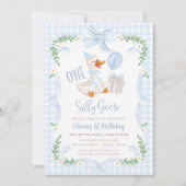 Invitation One Silly Goose Blue Bow Floral 1st Birthday (Devant)
