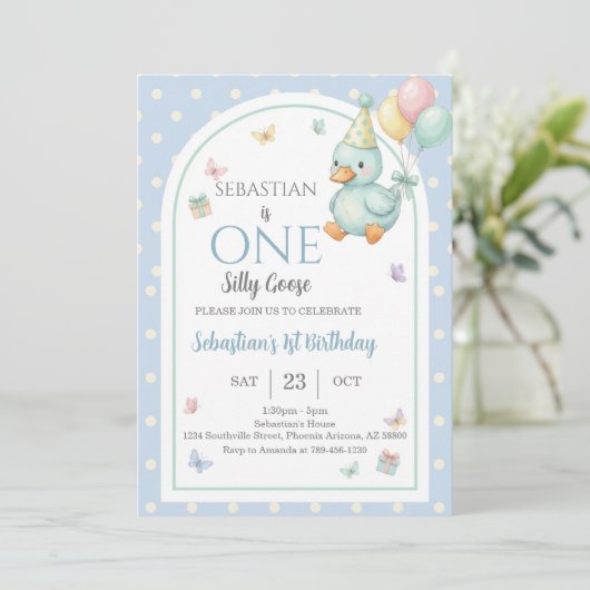 Invitation One Silly Goose Blue Boy 1st Birthday (Debout devant)