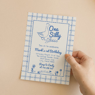 Invitation One Silly Goose Blue Drawn 1st Boy Birthday