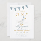 Invitation ONE Silly Goose Blue Gingham Boy First Birthday  (Devant)