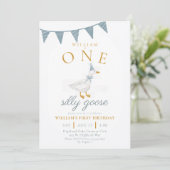 Invitation ONE Silly Goose Blue Gingham Boy First Birthday  (Debout devant)