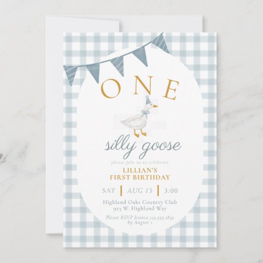 Invitation ONE Silly Goose Blue Gingham Daisy First Birthday (Devant)