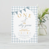 Invitation ONE Silly Goose Blue Gingham Daisy First Birthday (Debout devant)