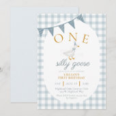Invitation ONE Silly Goose Blue Gingham Daisy First Birthday (Devant / Derrière)