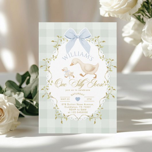Invitation One Silly Goose Boy Gingham 1st Birthday