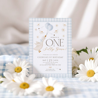 Invitation One Silly Goose Boys 1er anniversaire En vichy ble