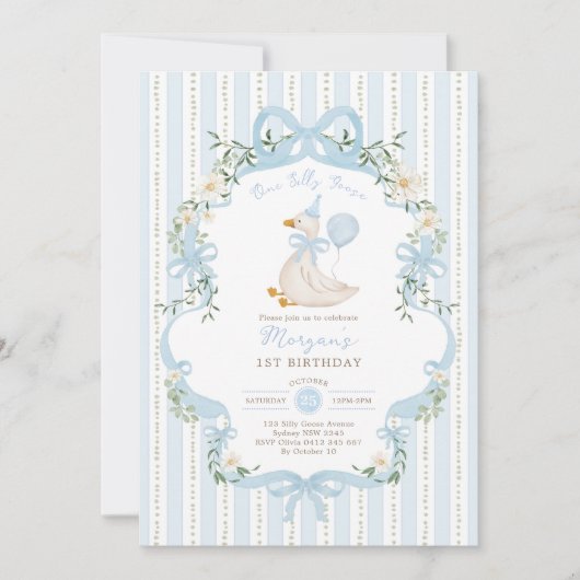 Invitation One Silly Goose Coquette Blue Stripe 1st Birthday (Devant)
