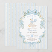 Invitation One Silly Goose Coquette Blue Stripe 1st Birthday (Devant / Derrière)