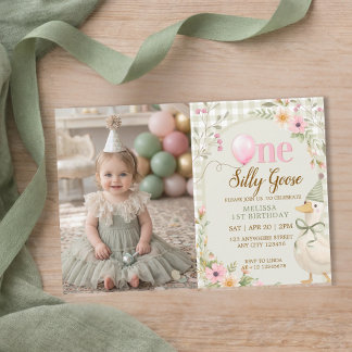 Invitation One Silly Goose Gingham Floral Girl 1st Birthday 