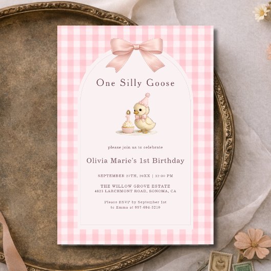 Invitation One Silly Goose Gingham Pink Bow Girl 1st Birthday