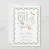 Invitation One Silly Goose Green Bow 1st Birthday (Devant)