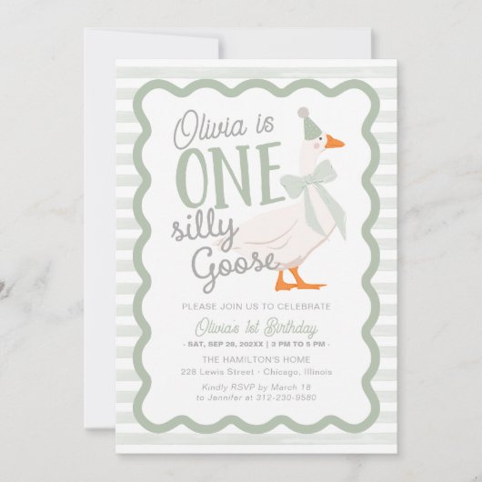 Invitation One Silly Goose Green Bow 1st Birthday (Devant)