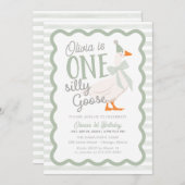 Invitation One Silly Goose Green Bow 1st Birthday (Devant / Derrière)