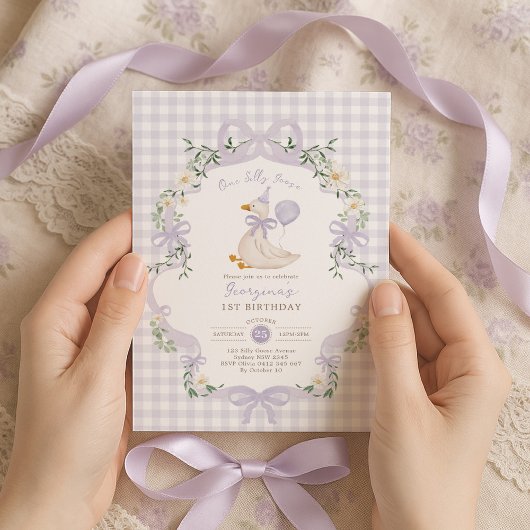 Invitation One Silly Goose Lilac Purple Bow 1st Birthday