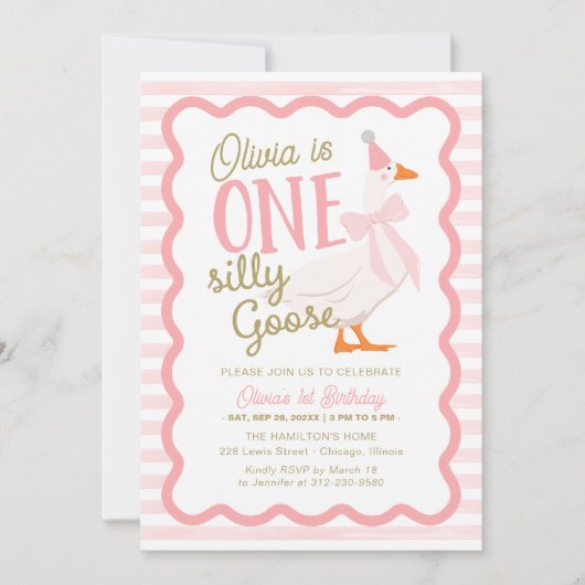 Invitation One Silly Goose Pink Bow 1st Birthday (Devant)