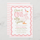 Invitation One Silly Goose Pink Bow 1st Birthday (Devant / Derrière)