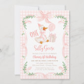 Invitation One Silly Goose Pink Bow Floral 1st Birthday (Devant)