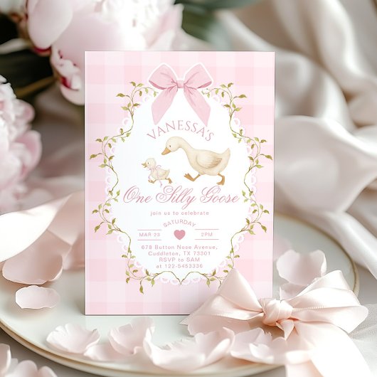 Invitation One Silly Goose Pink Bow Girl 1st Birthday