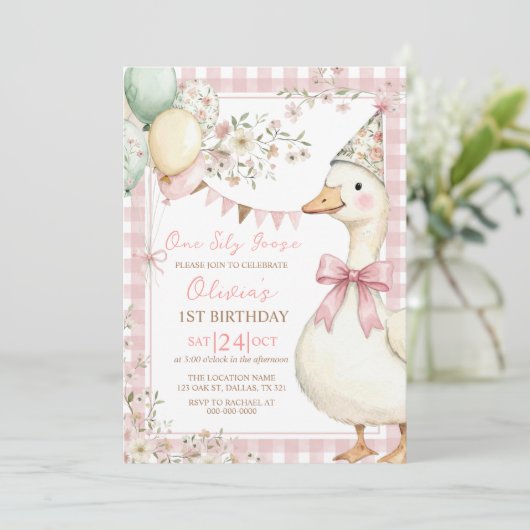 Invitation One Silly Goose Pink Bow Girl 1st Birthday (Debout devant)